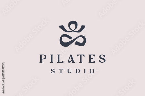 Stylized abstract figure in Pilates pose with flowing lines, symbolizing balance, flexibility, wellness, and mindful movement