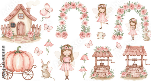 Whimsical pink fairy tale scene with girl and adorable houses and cart