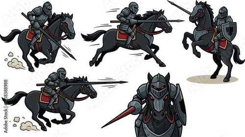 Dark Knight and Horse Riding with Spear, Shield, and Action Poses in a Bold Cartoon Style for Kids Illustration