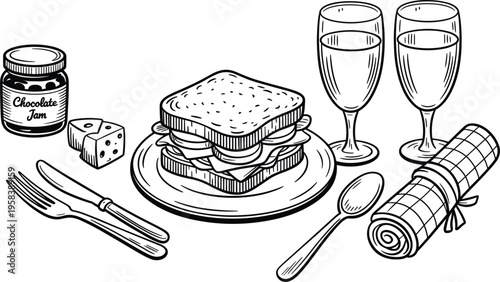 Hand drawn breakfast sandwich, jam jar, wine glasses and cutlery vintage engraving illustration set