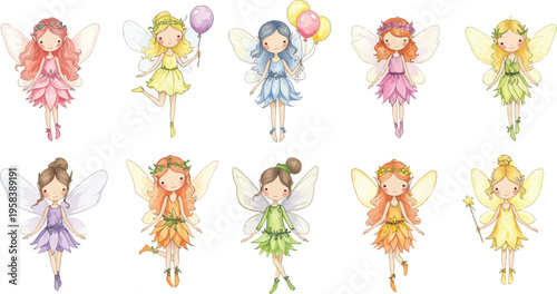 Eight fantasy female fairies in various colorful outfits with wings holding balloons