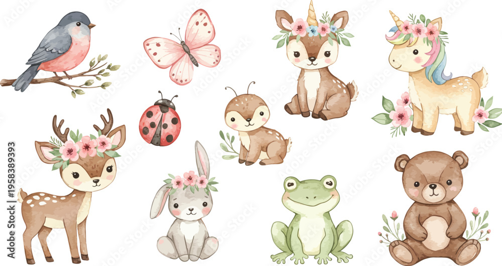Fototapeta premium Whimsical watercolor forest animals and bird illustration