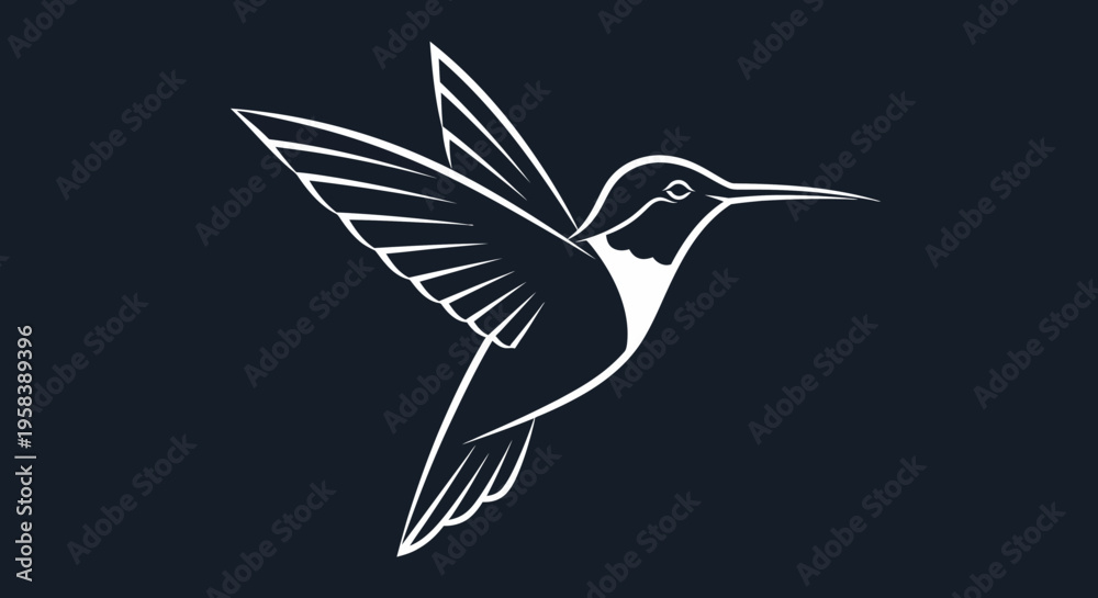 Naklejka premium Elegant white hummingbird silhouette in flight against a dark navy blue backdrop simple illustration