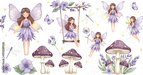 Whimsical illustration of fairies and mushrooms in a floral purple landscape