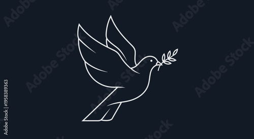 Elegant minimalist dove of peace line art symbol holding an olive branch against a dark background