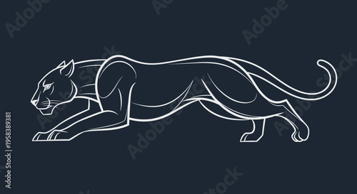 Elegant minimalist line art of a powerful big cat in motion on a dark background