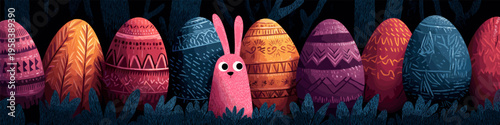 Bunny peeking from behind colorful Easter eggs greeting card. Bunny character hiding among patterned Easter eggs and dark foliage, celebrating the spring holiday