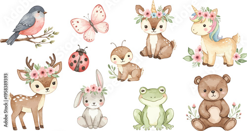 Whimsical watercolor forest animals and bird illustration