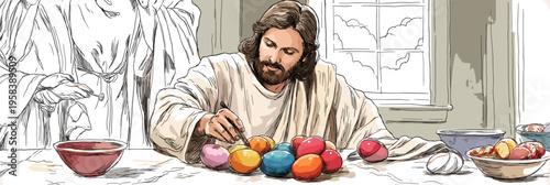 Jesus painting colorful Easter eggs for Easter holiday. Easter wallpaper. Jesus Christ decorating vibrant Easter eggs on a table with brushes and paint