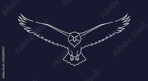 Minimalist line art depiction of a majestic eagle in flight against a dark blue background