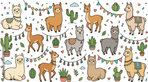 Festive Llama and Alpaca Characters with Cacti, Garlands, and Colorful Patterns in a Fun Cartoon Style for Kids Illustration