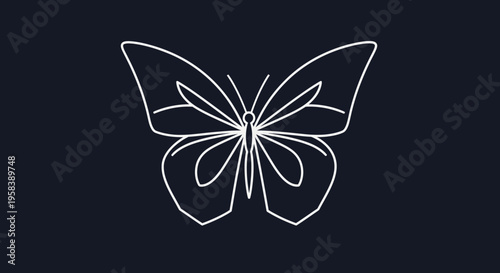 Minimalist white line drawing of a butterfly against a dark navy background