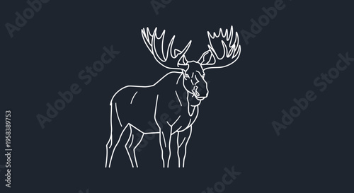 Minimalist white line drawing of a majestic bull moose with large antlers on a dark blue background
