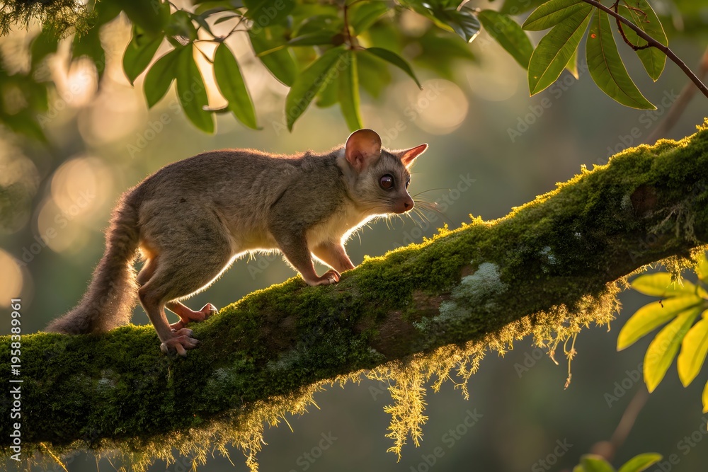 Fototapeta premium Bushbaby Climbing on Mossy Branch in Sunlight