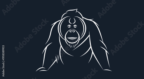 Striking minimalist white line art illustration of an orangutan on a dark background