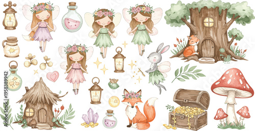 Whimsical forest creatures and objects in a fantasy woodland setting with fairies and animals