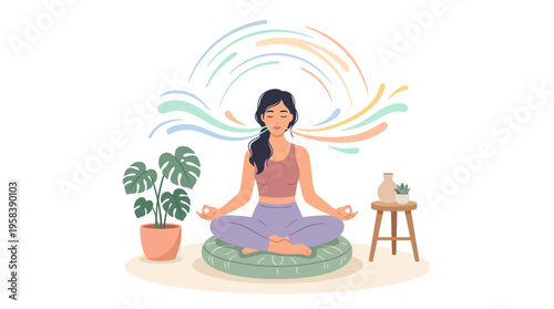 Woman meditating peacefully in lotus pose with eyes closed.