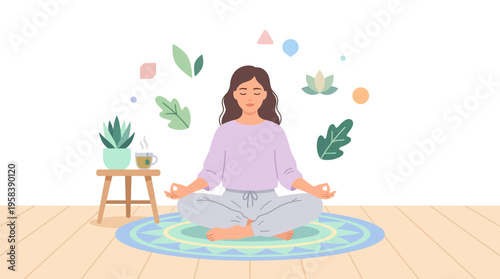 Woman meditating peacefully in lotus pose with eyes closed.