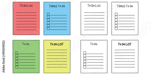 Hand-drawn cartoon and doodle set of to do lists on a white background.