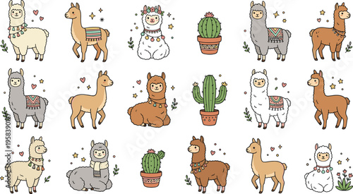Cute Llama and Alpaca Characters with Cacti, Blankets, and Festive Patterns in Cartoon Style for Kids Illustration