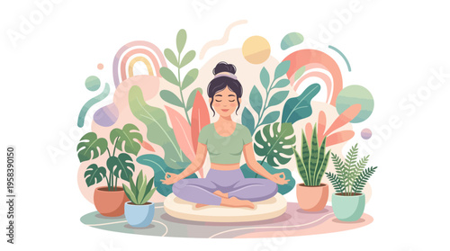 Woman meditating peacefully surrounded by lush green plants.