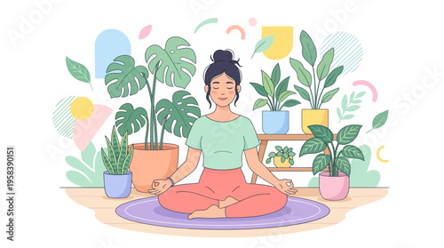 Woman meditating peacefully surrounded by lush green plants.