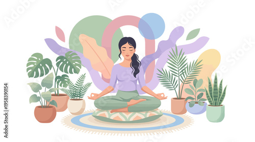 Woman meditating peacefully surrounded by plants.