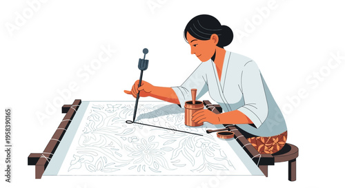 Woman meticulously creating intricate artwork on a large canvas.