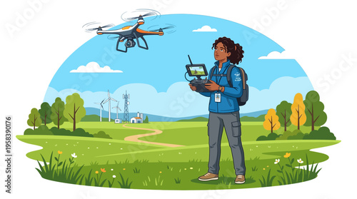 Woman operating drone with remote control in field.
