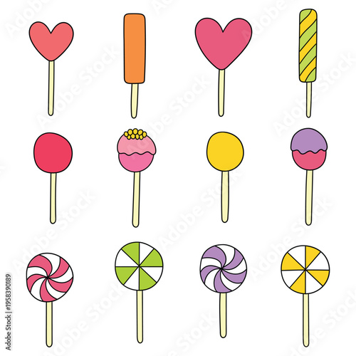 Hand-drawn cartoon set of lollipops on a white background.