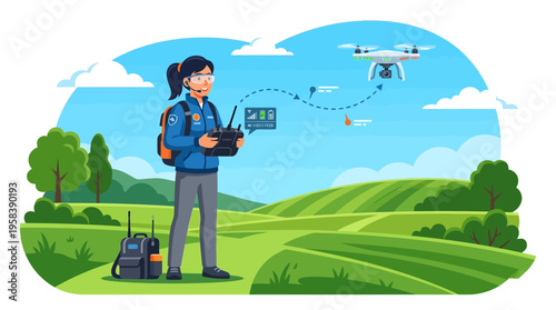 Woman operating drone with remote control in scenic landscape.