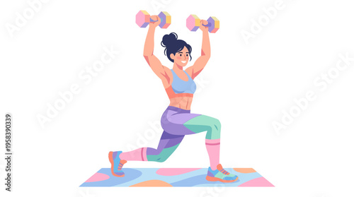 Woman performing dumbbell lunges with determination.