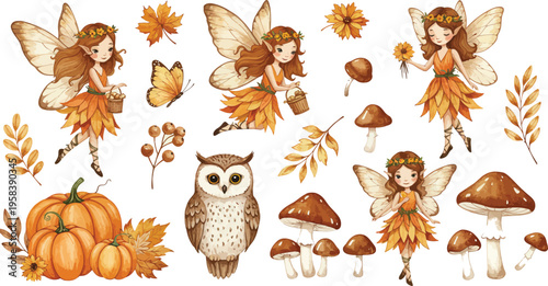 Whimsical autumn fairies and forest creatures with pumpkins and mushrooms