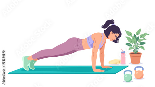 Woman performing plank exercise on yoga mat.