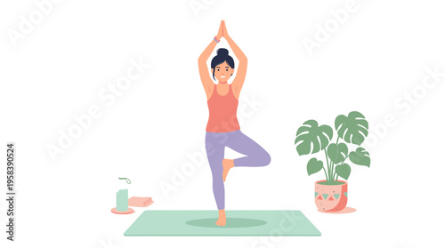 Woman practicing yoga tree pose on mat.