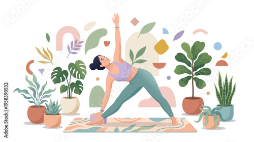 Woman practicing yoga triangle pose with plants.