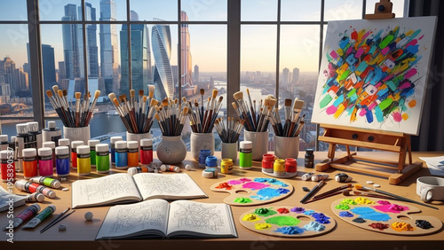 Artists Studio Setup with Cityscape View and Vibrant Art Supplies.