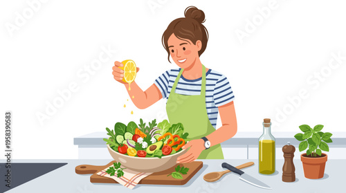 Woman preparing fresh healthy salad in kitchen.