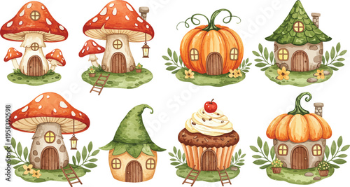 Whimsical illustration of mushroom and pumpkin houses in a fantasy setting