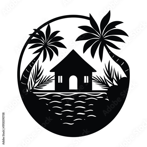 Black silhouette of tropical island hut with palm trees