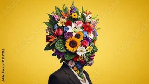 Surreal Portrait of a Person with a Head Made of Vibrant Flowers.