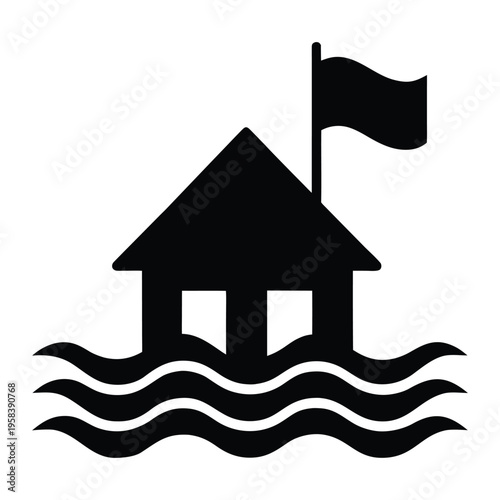 Black silhouette of a house on floodwaters with a flag