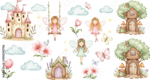 Whimsical fairy tale castles and princesses in a dreamy floral landscape with trees and clouds