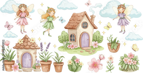 Whimsical illustration of fairies and a charming cottage in a garden