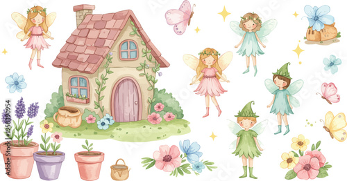 Whimsical illustration of fairy house with garden and tiny people and flowers