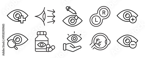 Ophthalmology line editable icon set. Contain icons related to medical eye care, optometry, vision correction, and more. Editable stroke. Vector illustration	