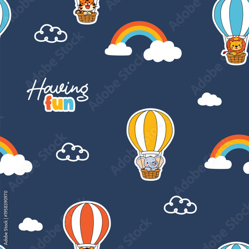 Cute Animals in Hot Air Balloons Seamless Pattern