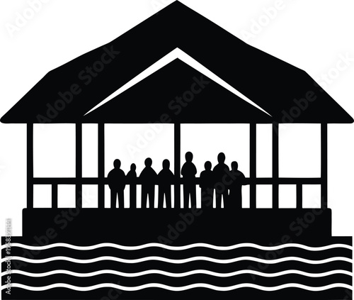 Group of people standing on a pier or dock in a pavilion