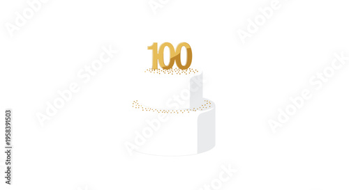 A two-tiered white celebration cake with gold sprinkles is topped with the golden number 100 on a white background.