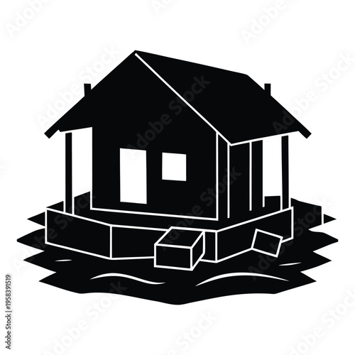 Small house on water with porch and foundation